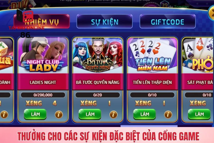 Thưởng cho các sự kiện đặc biệt của cổng game